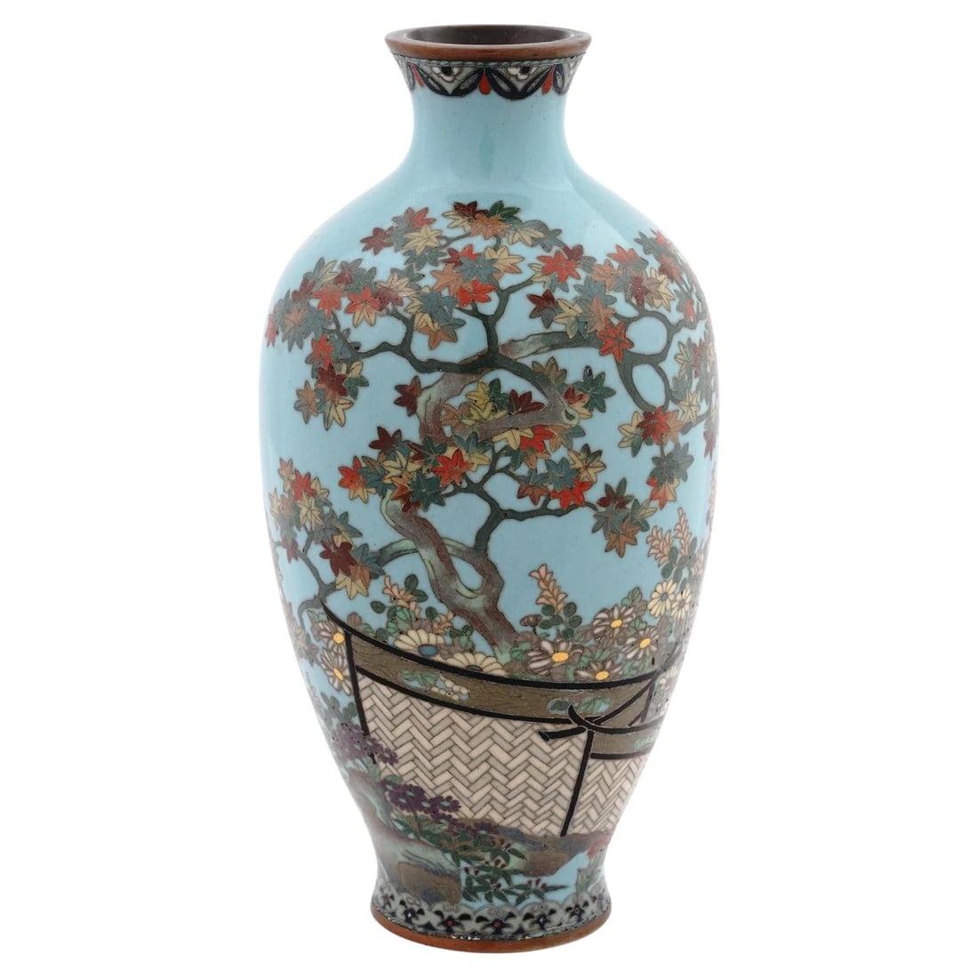 Meiji Japanese Cloisonne Turquoise Enamel Japanese Garden Vase Silver Wire: About the Item A high quality Japanese, late Meiji era, silver wire and enamel vase. The amphora shaped vase is adorned with polychrome enamel images of birds, trees, blossoming flowers, and screens.