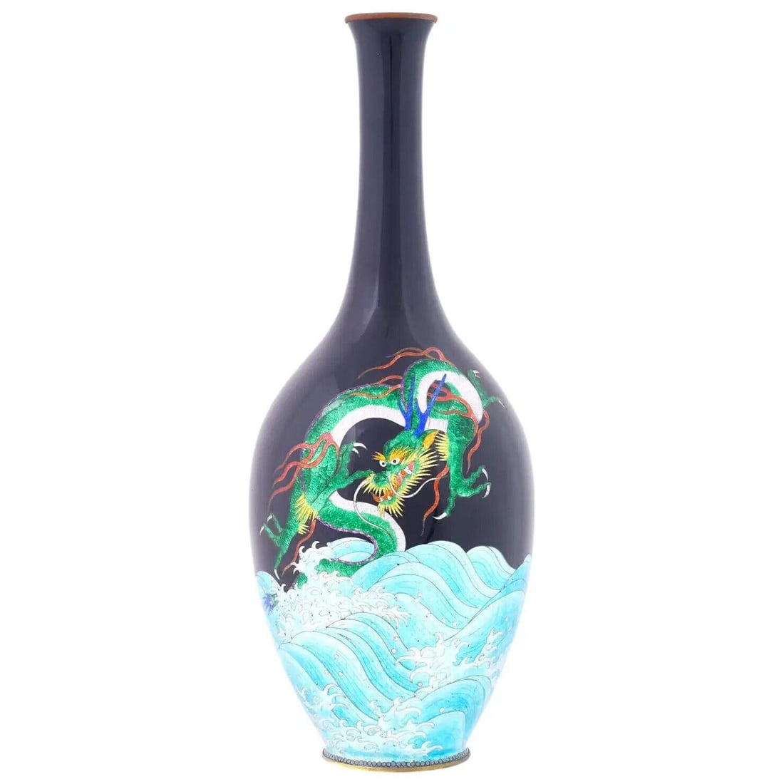 Large Rare Japanese Cloisonne Meiji Period Green Dragon Swimming Over The Sea: About the Item A high quality Japanese enamel vase, Meiji era, 1868 to 1912. The vase has an amphora shaped body and a narrow neck. The ware is enameled with a polychrome image of a big dragon over th