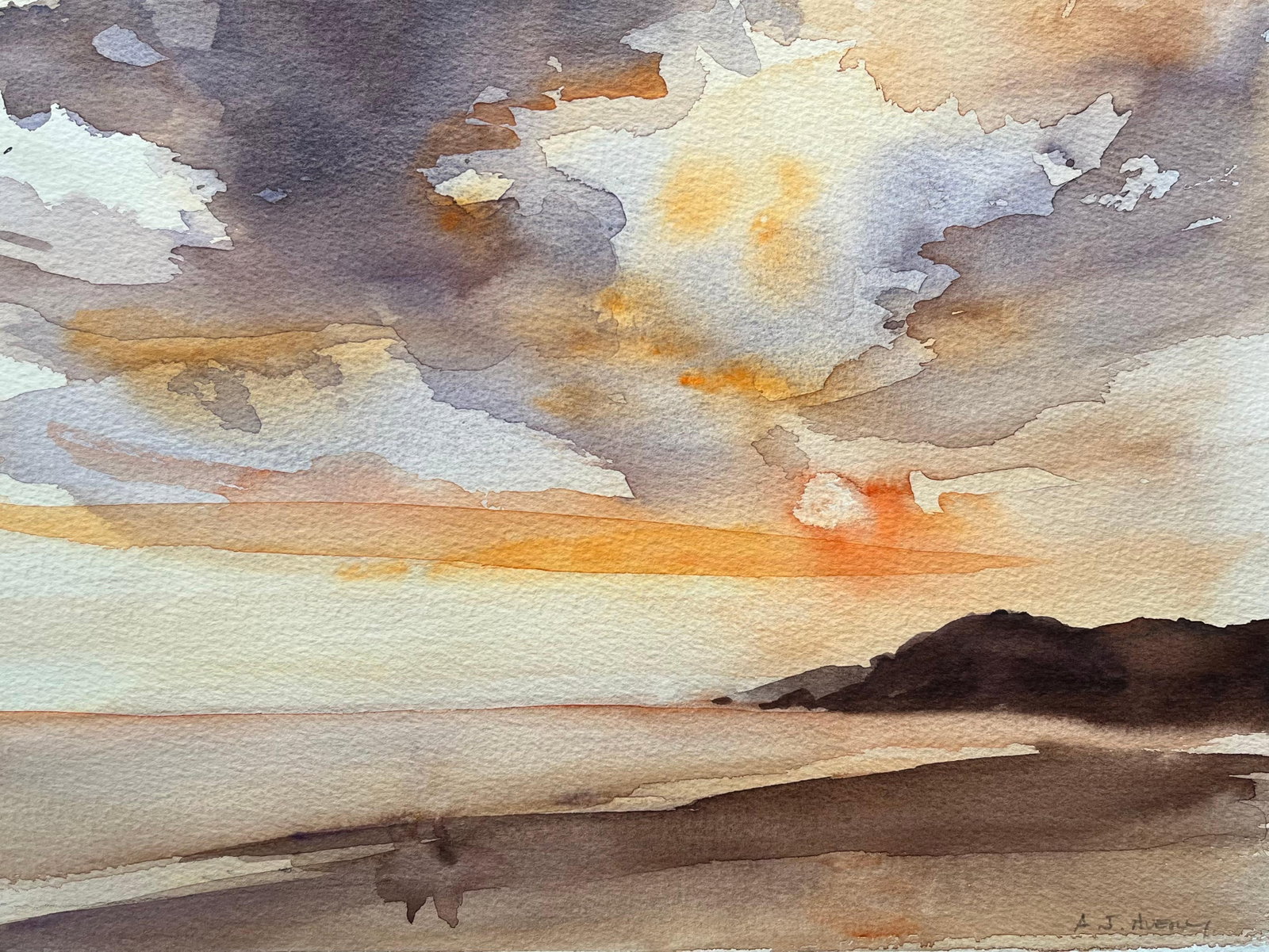 British Impressionist Watercolor of Coastal Sunset with Dramatic Clouds: About the Item Title: British Impressionist Watercolor of Coastal Sunset with Dramatic Clouds by Anthony Avery (British 1946-2023) Original watercolor on artists paper, unframed Dimensions: 11.5 x 15.