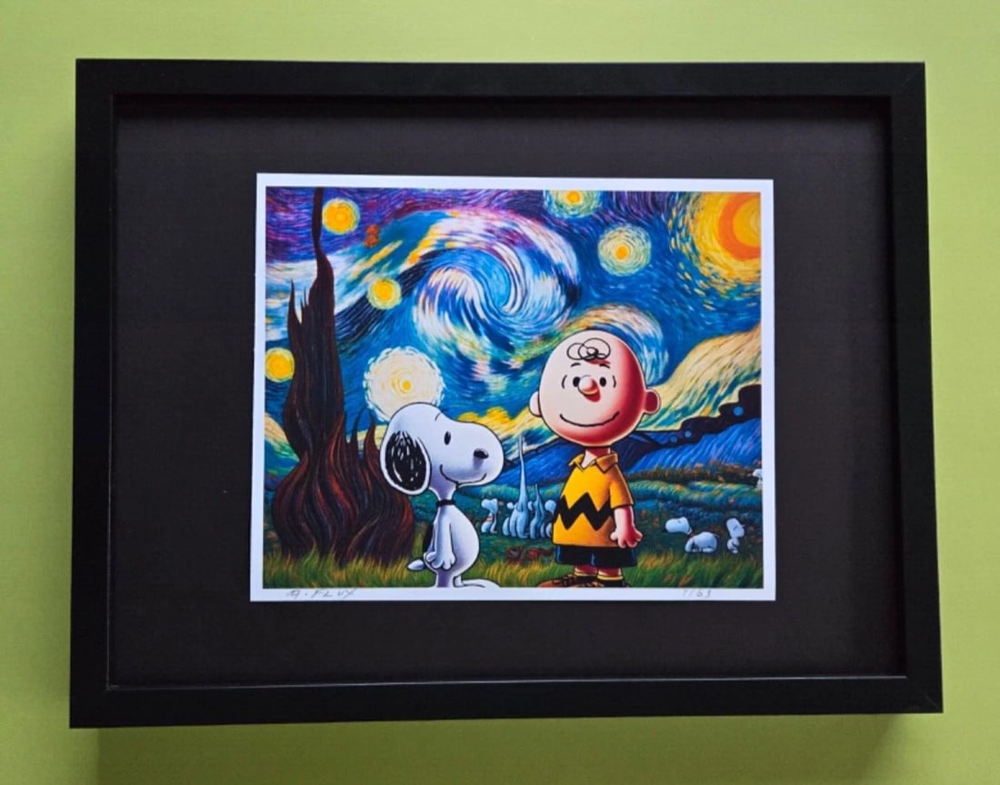 AIDAN FLUX | Hand Signed Authentic Print Framed Snoopy Starry Night Charlie COA (1 of 5)