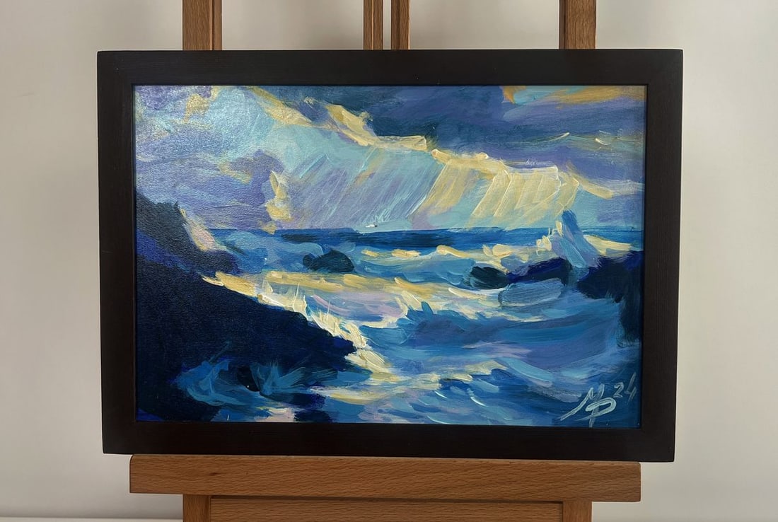 Acrylic painting Sun rays through the clouds Mykhailo Patskan