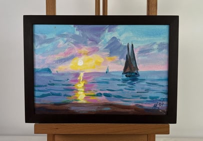 Acrylic painting Sea sunset on ships Mykhailo Patskan