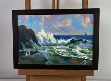 Acrylic painting Foamy surf and cold rocks Mykhailo Patskan