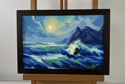 Acrylic painting Raging waves at sunset Mykhailo Patskan