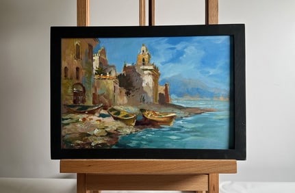Oil painting City boats by the sea Yuriy Suprunchuk