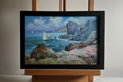 Oil painting Seagulls and rocky shore in the sea Yuriy Suprunchuk