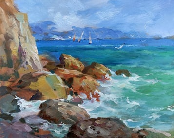 Oil painting Sea waves beat against the rocks Yuriy Suprunchuk