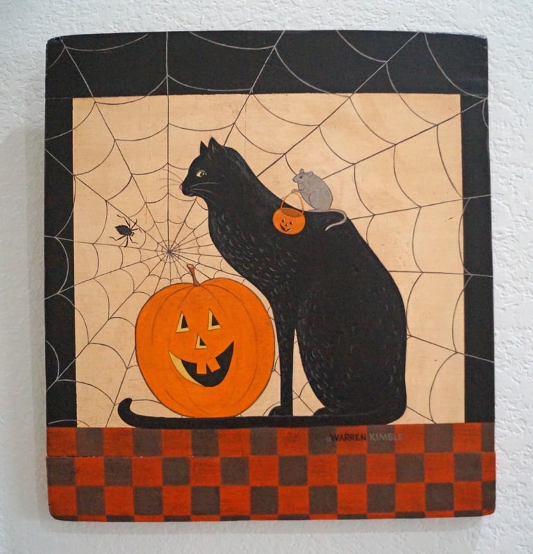 Original Halloween Painting by Warren Kimble: Title: Original Halloween Painting by Warren Kimble Dimension: 16 7/8” height x 15 3/8 width x ¾” thick Date: Ca. 1995 Additional Information: An exceptional original painting b