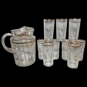 1940’s Bartlett Collins Frosted Grapevine Pitcher and 9 Tumblers