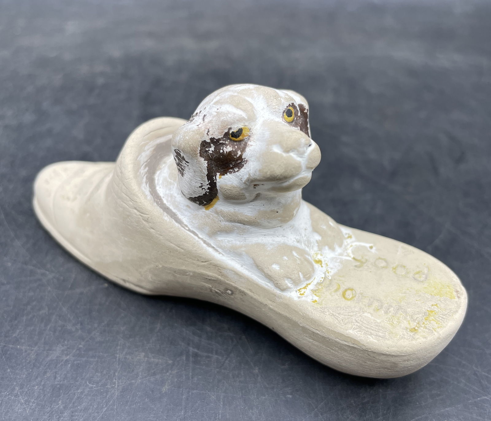 Vintage Bisque Puppy Dog In A Slipper Shoe Figurine Good Morning: Title: Vintage Bisque Puppy Dog In A Slipper Shoe Figurine Good Morning Date/Period: Approx. 1930's-40's Dimension: Approx. 2" tall x 4" long Material: bisque Additional Information: Vintage Bisque Pu