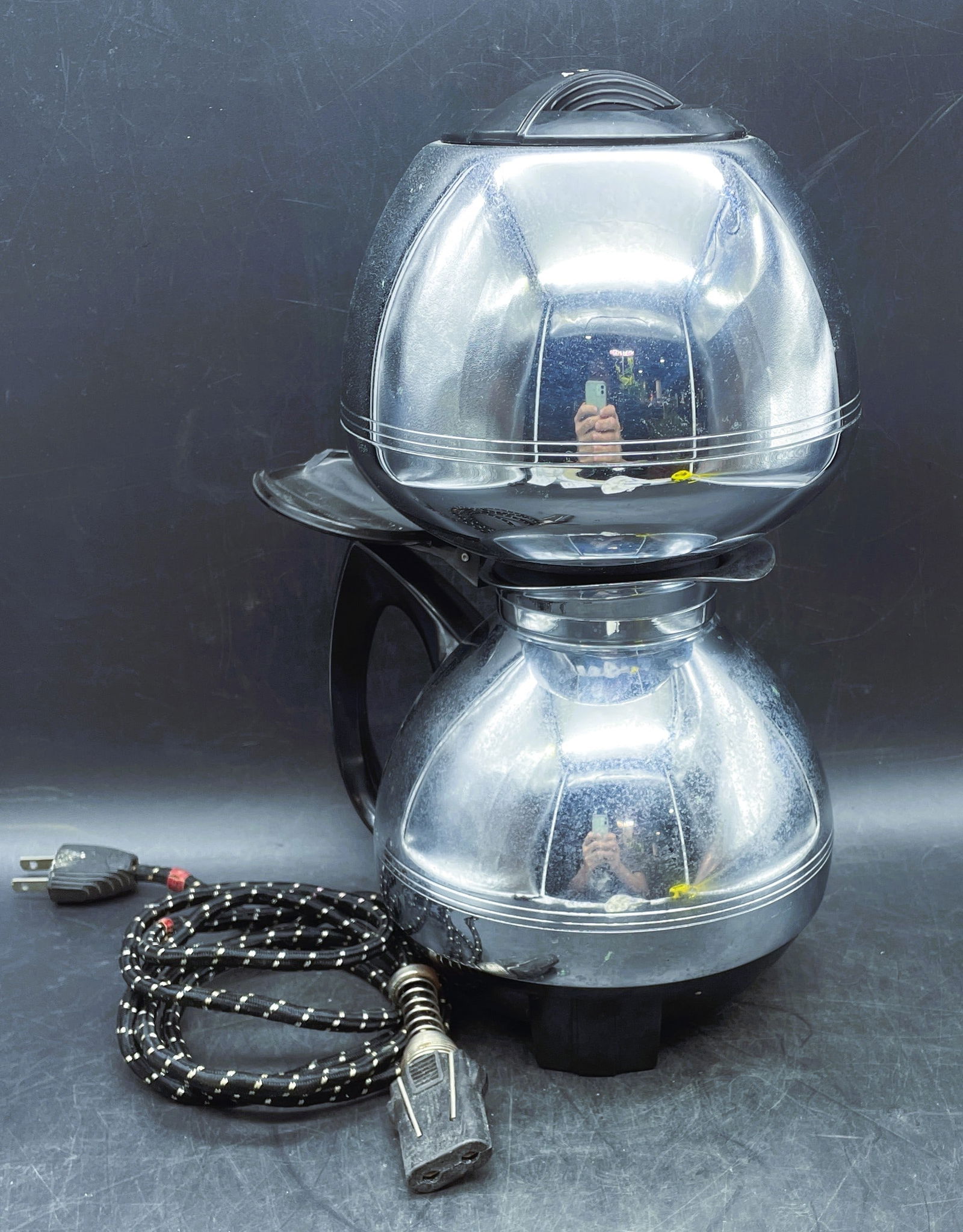 MCM Nicro Cory Vacuum Coffee Maker Pot: Title: MCM Nicro Cory Vacuum Coffee Maker Pot Date/Period: unknown Dimension: approx. 12.5 x 8 x 6" Material: stainless steel, glass Additional Information: Vintage NICRO Stainless Steel Vacuum Coffee