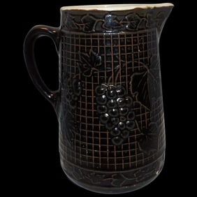 Antique Salt Glaze Stoneware Pitcher with Waffle Pattern and Raised Grape Motif