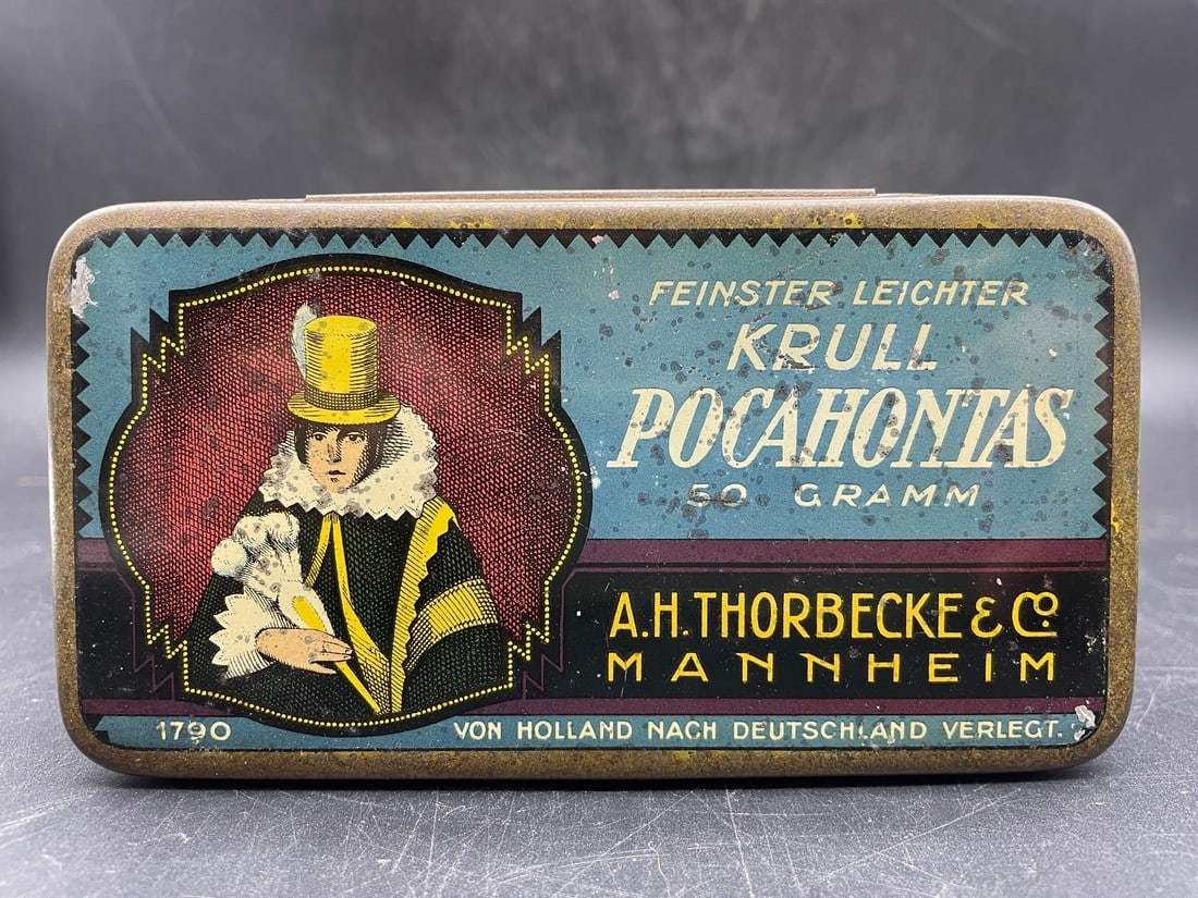 Rare 1920s German "Pocahontas" litho hinged humidor tobacco tin: Title: Rare 1920s German "Pocahontas" litho hinged humidor tobacco tin Date/Period: approx 1920's Dimension: approx. 3" x 5.25" Material: metal Additional Information: This rare 1920s German Krull "Po
