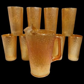 Vintage Jeannette Glass Iridescent Marigold Tree Bark Pattern Pitcher & 9 Rare (23 oz) Iced Tea
