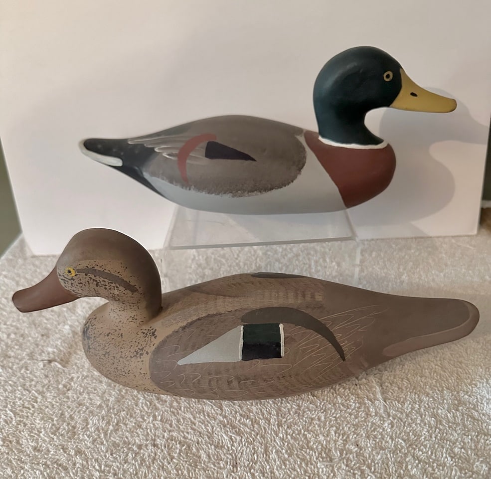 Pr. ½ Sized Signed Mallard Decoys (MD): This pair of ½ sized Mallard decoys is signed “S. Pierce HDG MD” (Havre de Grace, Marylad). “S. Pierce” is Steiner Pierce, brother of the more famous Maryland Carver Jim P