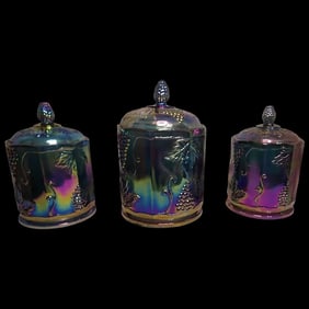 Harvest Grape Blue Carnival Glass Canisters by Indiana Glass