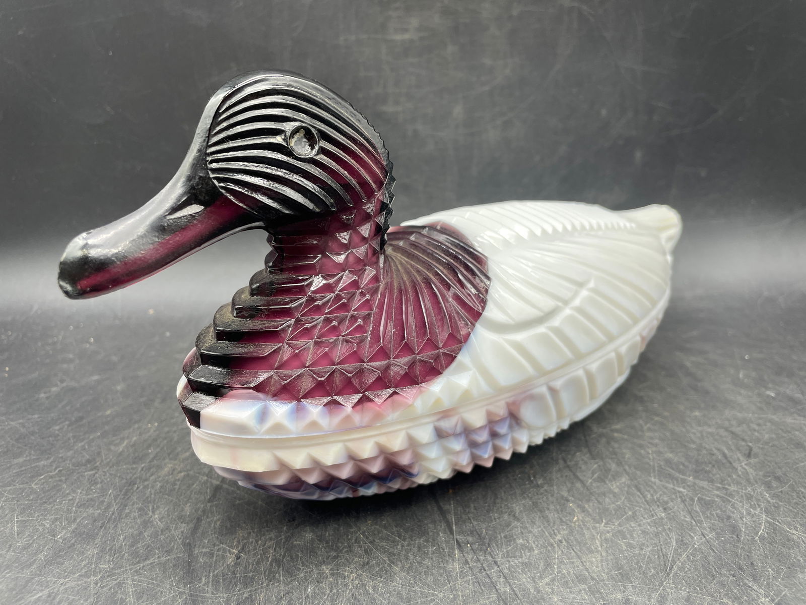 LG Wright Atterbury Duck on Nest Covered Dish Amethyst Purple Slag Glass (1 of 8)