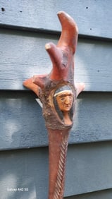 Antique Wood Carved Folk Art Root Club Native American Face