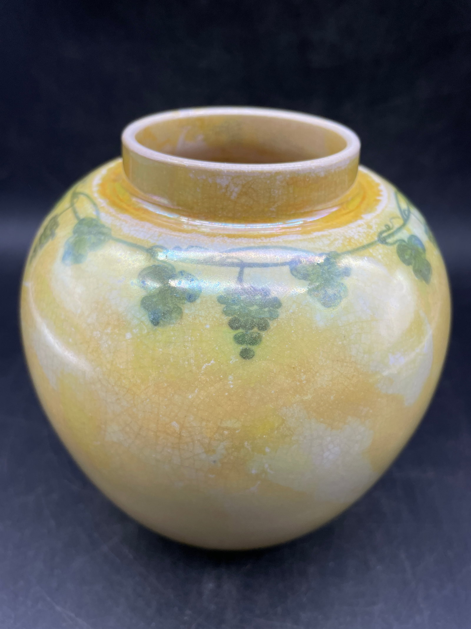 Antique Ruskin English Pottery Yellow Luster Grapevine Vase 1916: Title: Antique Ruskin English Pottery Yellow Luster Grapevine Vase 1916 Date/Period: approx early 1900's Dimension: Approx. 4.5 x 4.5 Material: pottery Additional Information: Antique Ruskin English P