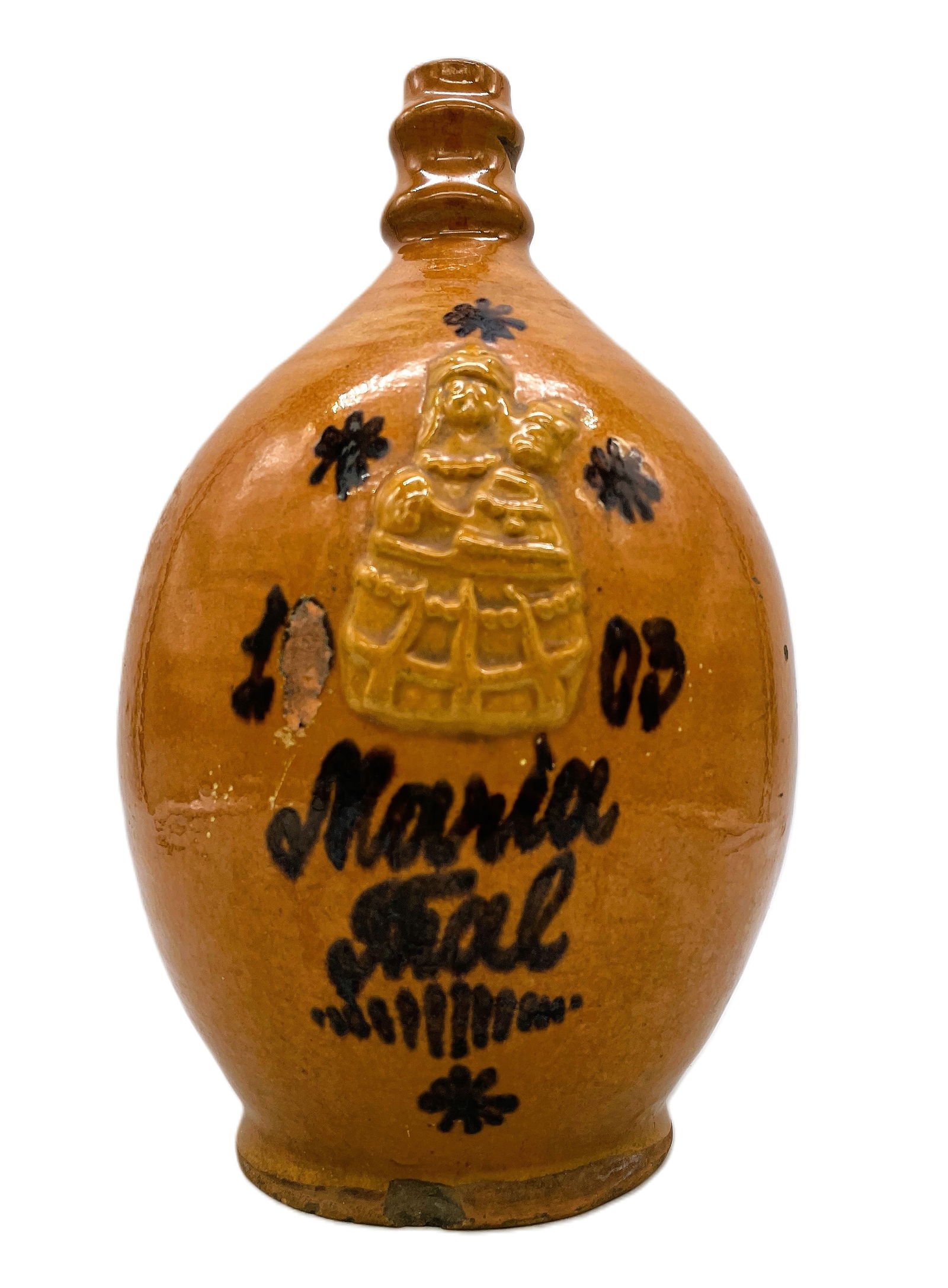 Antique Ovid Redware Pottery Jug Dated 1903 Maria: Title: Antique Ovid Redware Pottery Jug Dated 1903 Maria Date/Period: 1903 Dimension: approx 10 x 5 Material: REDWARE Additional Information: Antique Ovid Redware Pottery Jug Dated 1903. Some loss not