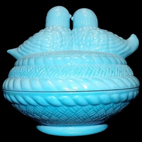 Love Birds Covered Candy Dish Blue Glass