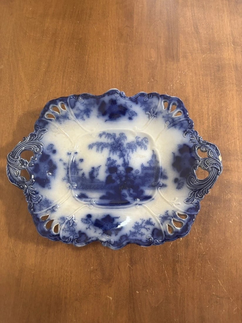 Rare Antique Scinde Flow Blue Reticulated Tray (1 of 8)