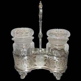 Antique Crystal & Silver-Plate Double Pickle Castor 'Jars & Stand', Circa 1900's