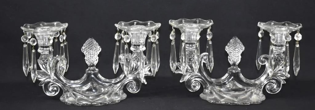 Pair Cambridge #1356 Caprice Pair of 2-Lite Candelabras Bobechies: Title: Pair Cambridge #1356 Caprice Pair of 2-Lite Candelabras Bobechies Date/Period: unknown Dimension: Approx. 7" tall , 12 x 4 Material: glass Additional Information: Pair of CAMBRIDGE GLASS #1356,