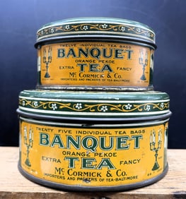 Pair of Vintage McCormick & Co Banquet Orange Pekoe Tea Tin
