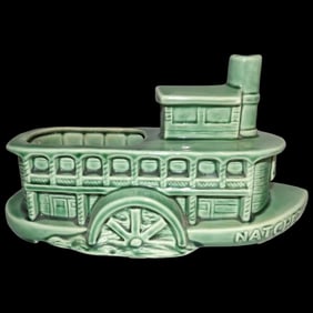 Vintage Green Natchez River Steam Paddle Boat Planter