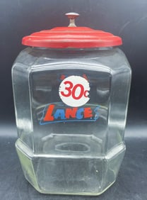 Vintage 8-Sided Lance Glass Display Counter Cookie Cracker Jar w/ Red Metal Lid