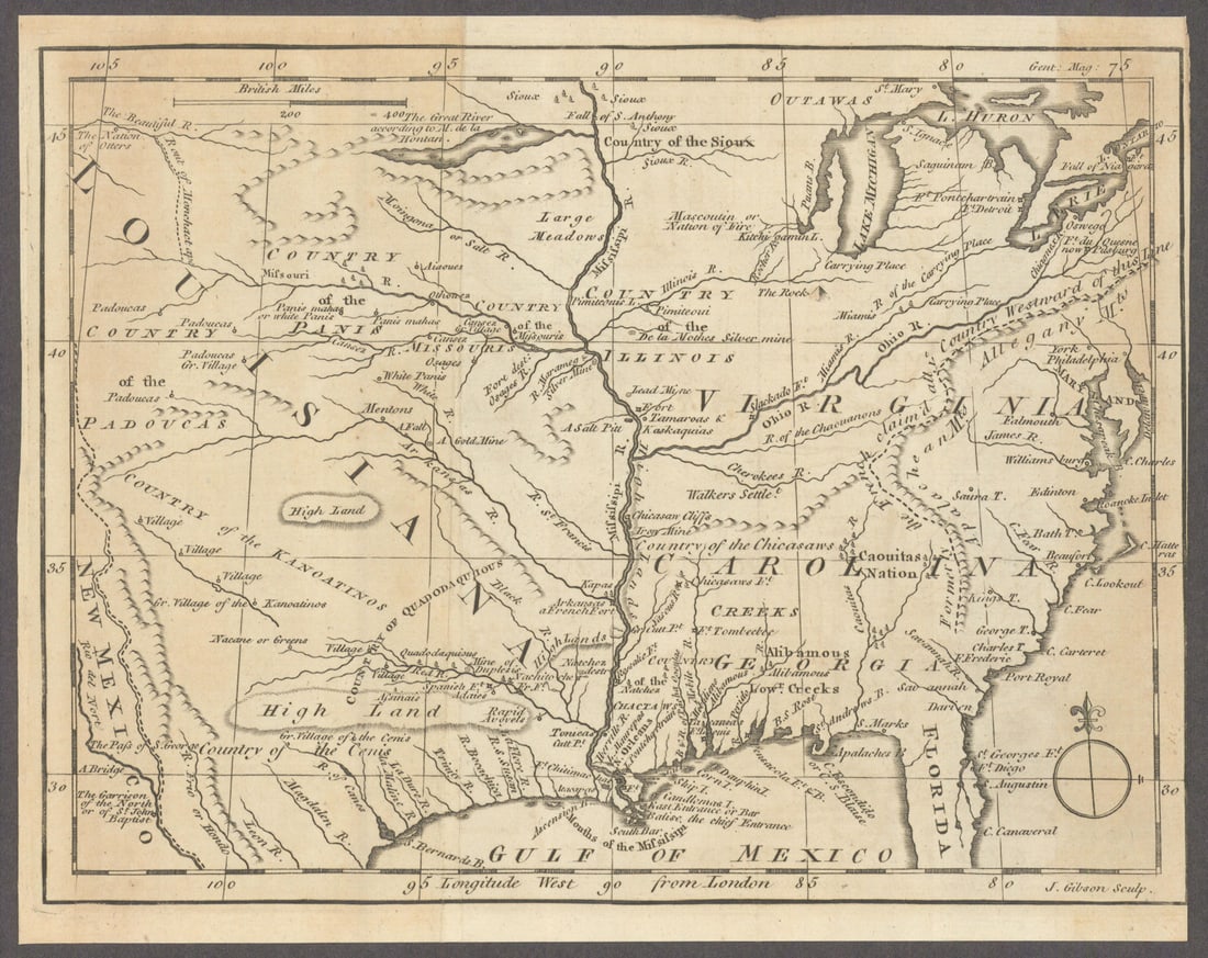 Untitled map of Louisiana, Virginia, and Carolina by John Gibson 1763 old: [A Map of Louisiana, Virginia, and Carolina by J. Gibson sc.]. An untitled map of what is now the United States by John Gibson, published in the June 1763 issue of The Gentleman's Magazine. The map of