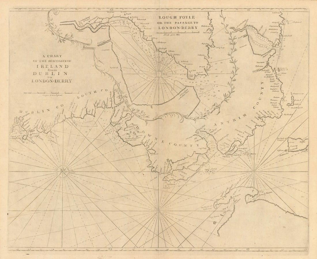 The Seacoasts of Ireland from Dublin to London-Derry. MOUNT & PAGE 1758 map: A Chart of the Seacoasts of Ireland from Dublin to London-Derry // Lough Foyle or the passage to London-Derry'. Antique folio sea chart of the north-east coast of Ireland, including the coasts of coun