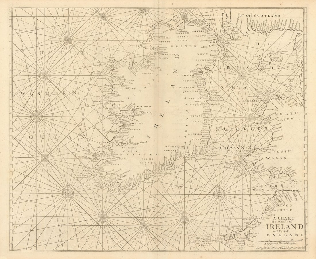 A Chart of the Coasts of Ireland & part of England. Wales. MOUNT & PAGE 1758 map: A Chart of the Coasts of Ireland and part of England'. Antique folio sea chart of Ireland, and the adjacent west coast of England, Wales and Scotland, from the Isles of Scilly to Galloway, including S