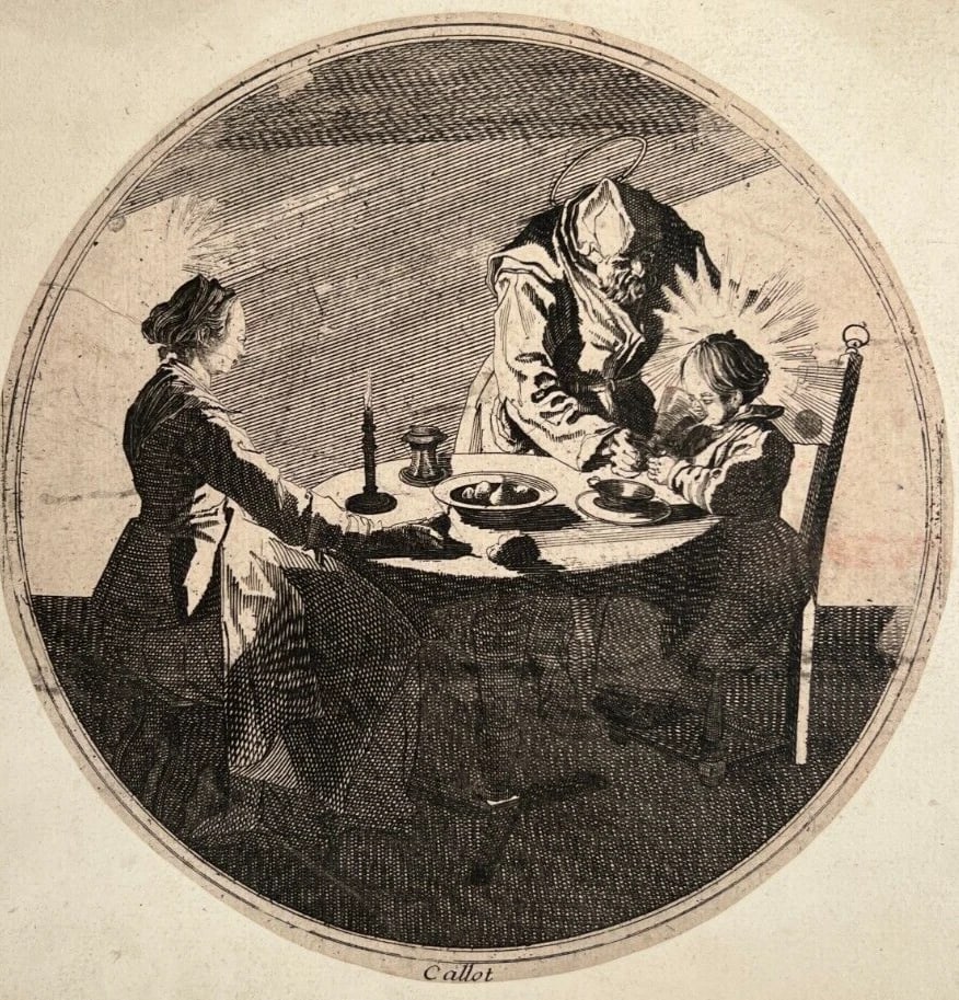 Etching Original Etching Jacques Callot (1592-1635) - Benedicité ou La Sainte: Title: Etching Original Etching Jacques Callot (1592-1635) - Benedicité ou La Sainte Description: Engraving on paper 17 cm stains, folds, laminated on paper Reserve: $150.00 Shipping: Domestic: Fla