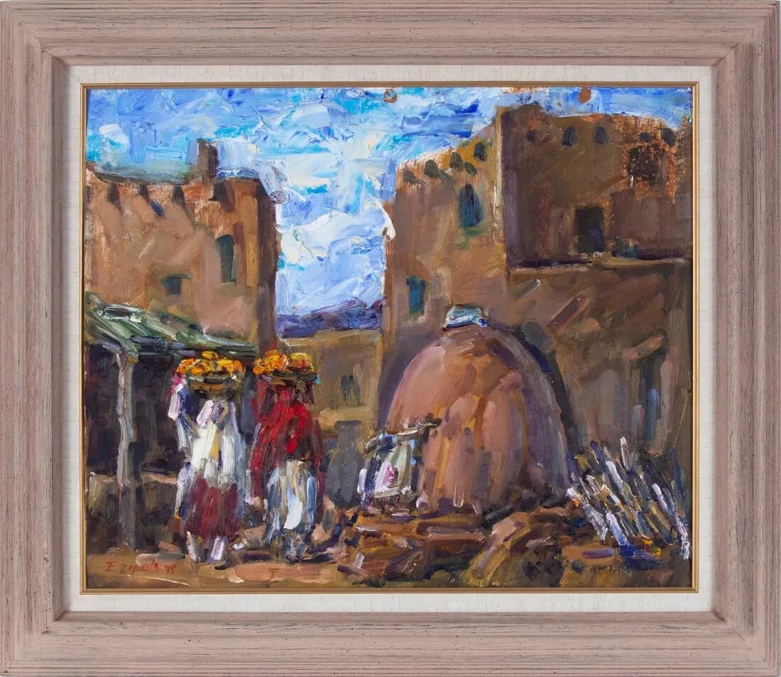ERNESTO ZEPEDA Original oil painting Taos Mystical with Figures & Pueblos (1 of 5)
