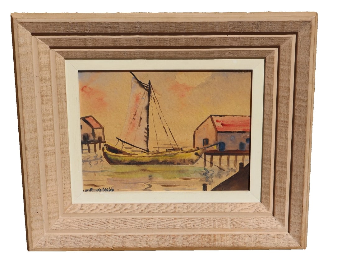 Guy de Bouthillier Original watercolor Sailboat scene: Guy de Bouthillier (1893-1962). Sailboat Scene, 10" x 13" watercolor (framed size: 18" x 21") signed lower left. Signature is partially covered by the frame. There is a note from a previous owner on t