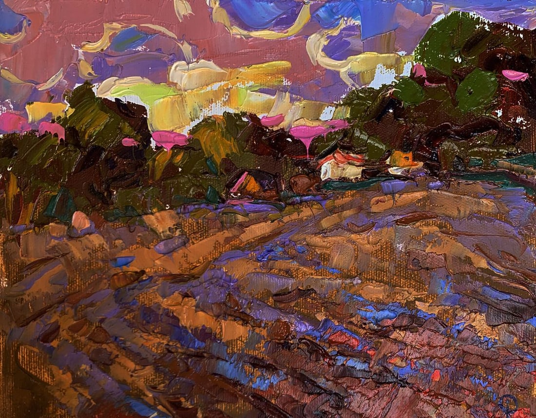 Oil painting Sunset on the edge of the village Alex Kalenyuk: AAA3268 The painting "It Was Raining" is a vivid and expressive oil on canvas piece that captures the vibrant aftermath of a rainstorm in a rural landscape. The artist employs a rich and dynamic color