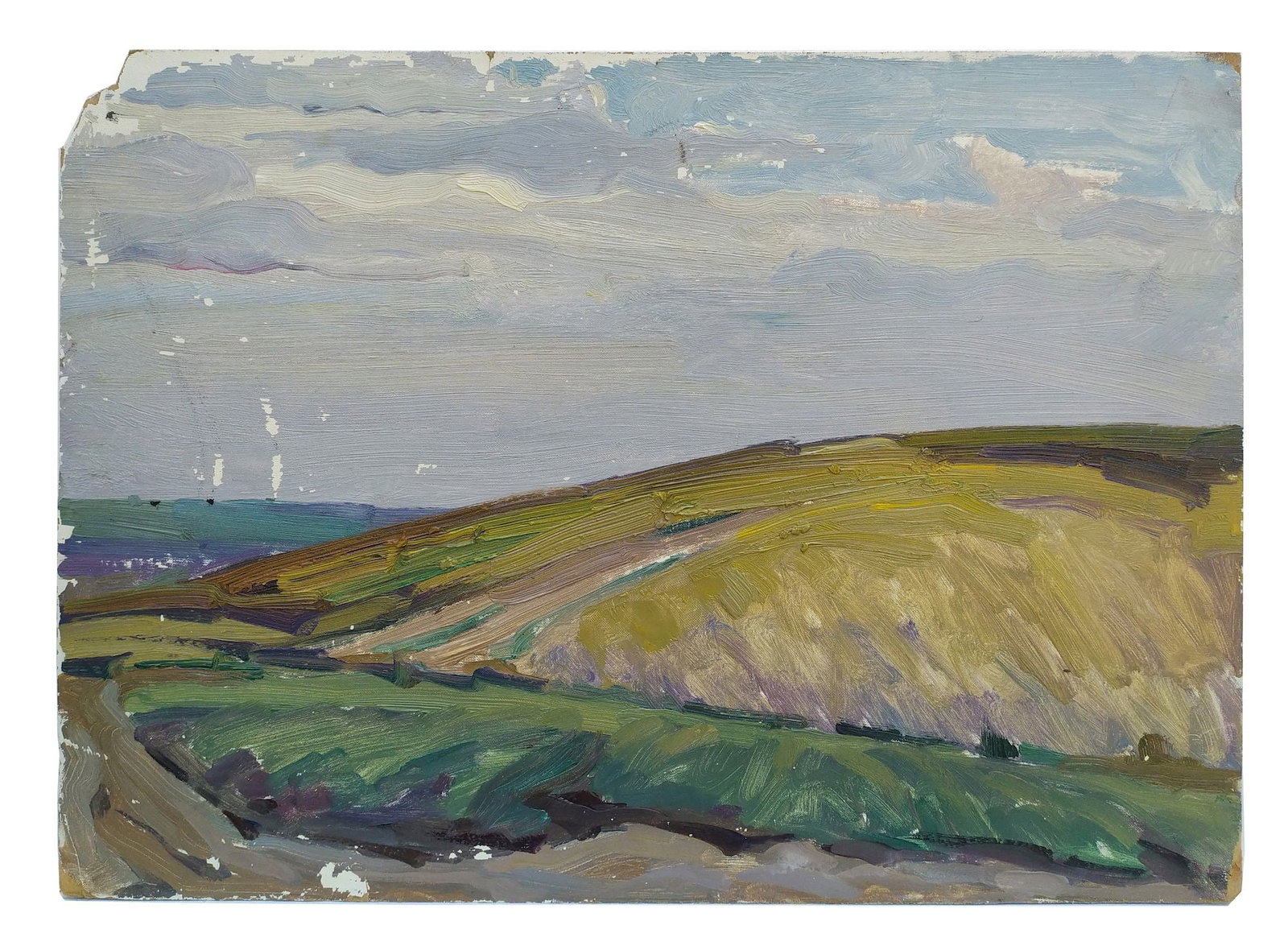 Mynka Olexandr (Ukrainian artist), "Pale day", oil on cardboard: ARTIST: Mynka Olexandr Fedorovich, Ukrainian artist TITLE: "Pale day" SIZE: 35 x 49 cm, (13 3/4 x 19 1/4 in.) MEDIUM: oil on cardboard YEAR OF CREATION: not dated CONDITION: The painting is not very g