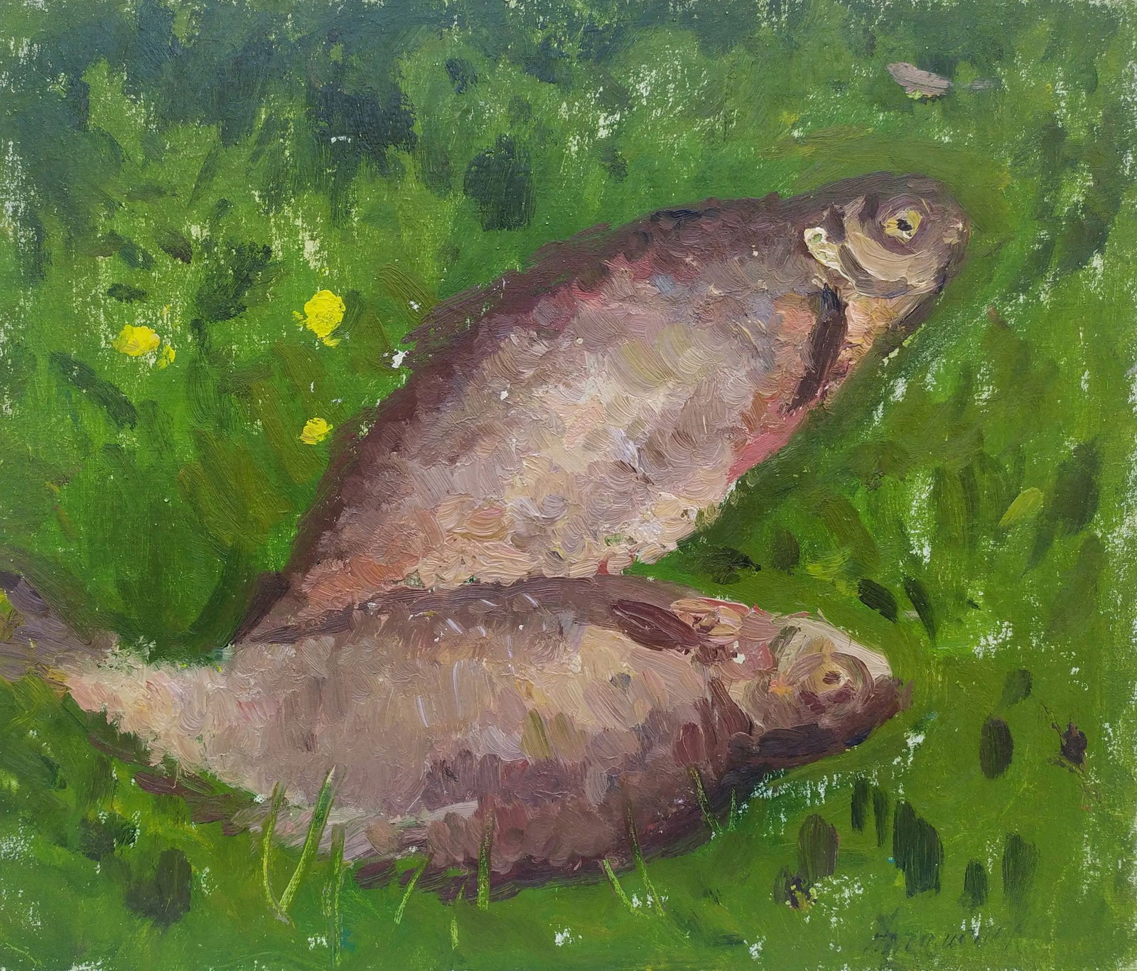 Artamonov Olexiy (Ukrainian artist), "The catch", oil on cardboard: ARTIST: Artamonov Olexiy Mykhaylovich, Ukrainian artist TITLE: "The catch" SIZE: 22 x 26 cm, (8 3/4 x 10 1/4 in.) MEDIUM: oil on cardboard YEAR OF CREATION: not dated CONDITION: The painting is in goo