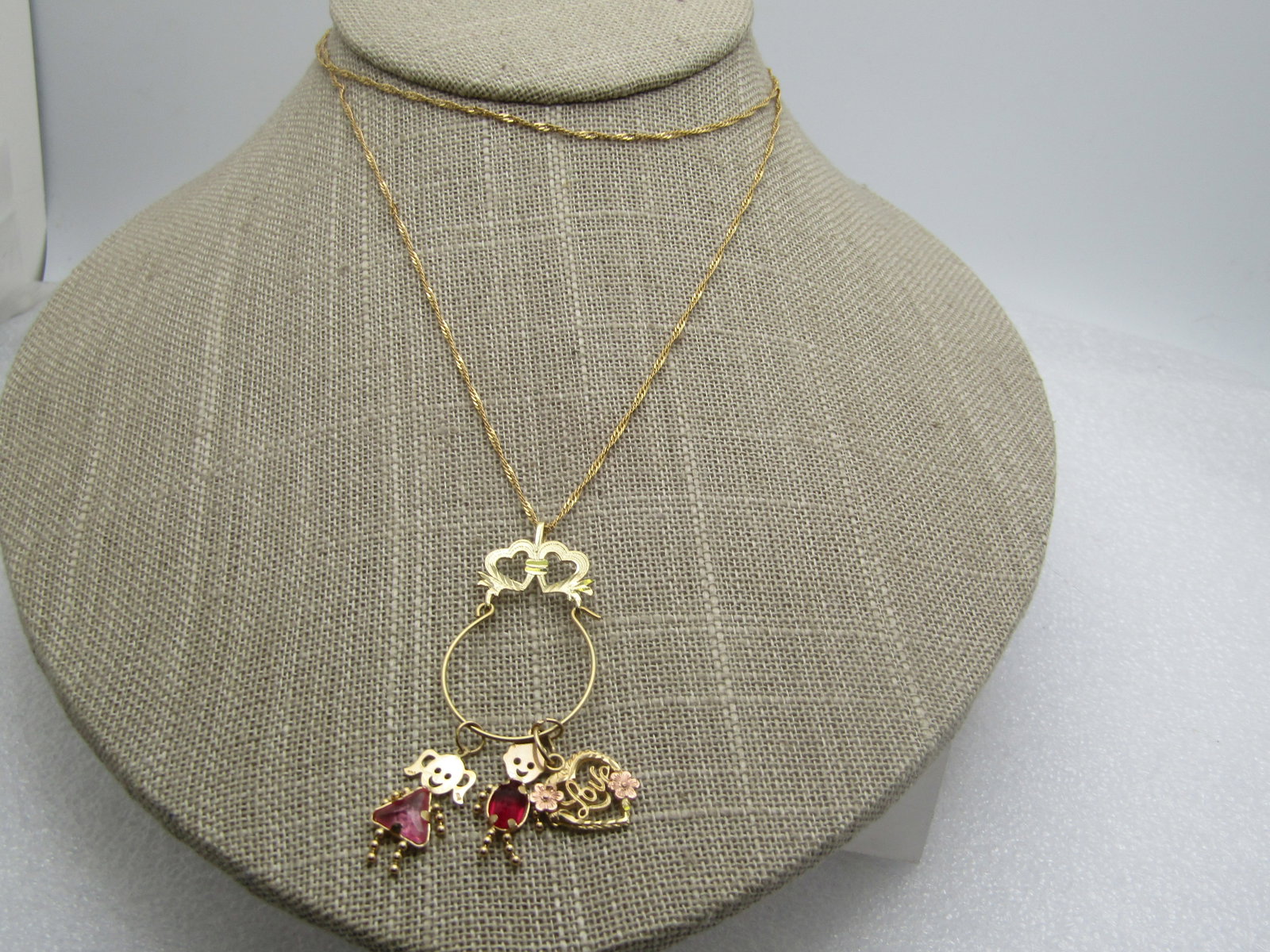 Vintage 14kt Gold Charm Mother's Necklace, 3 Charms, 26", Heart Accents,  1980's-1990's (1 of 5)