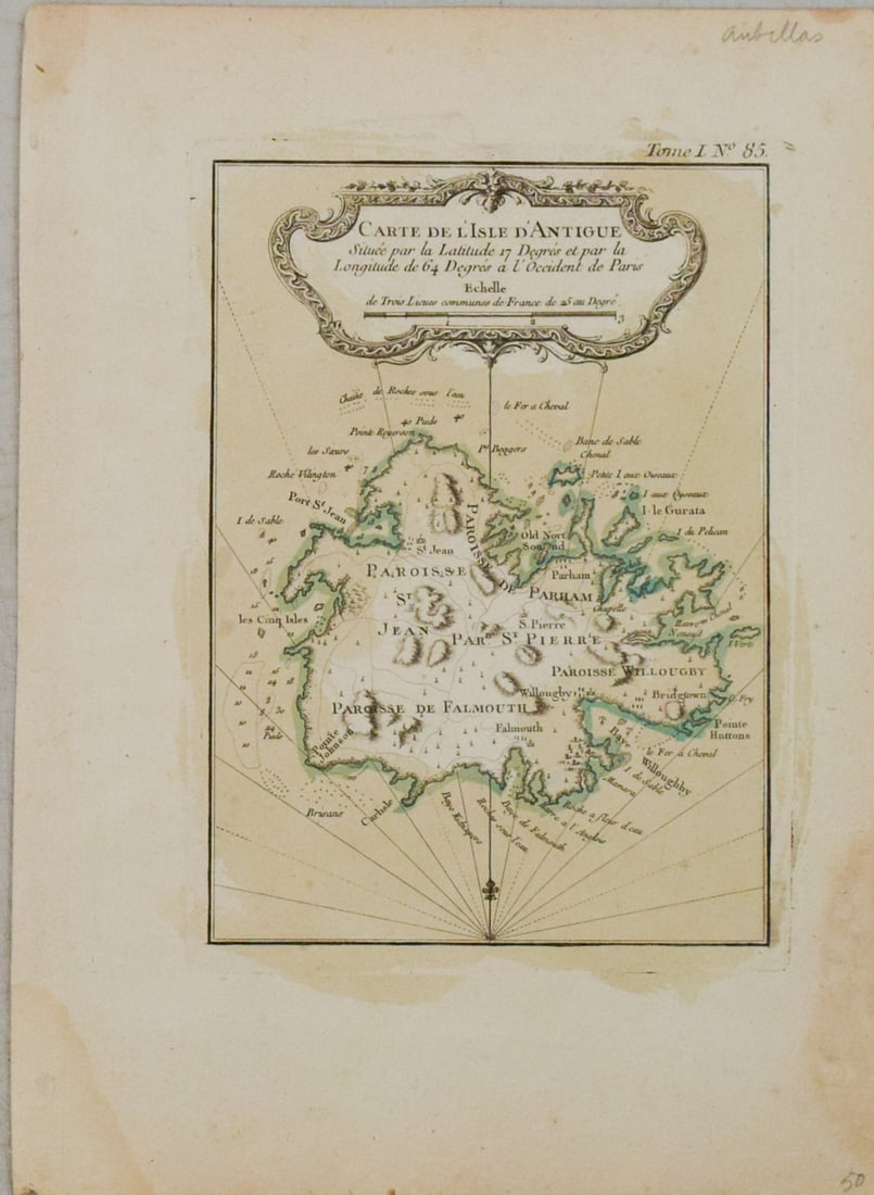 1764 Bellin Map of Antigua -- Carte de l'Isle d'Antigue Situee par la Latitude 17 Degres et par la (1 of 1)