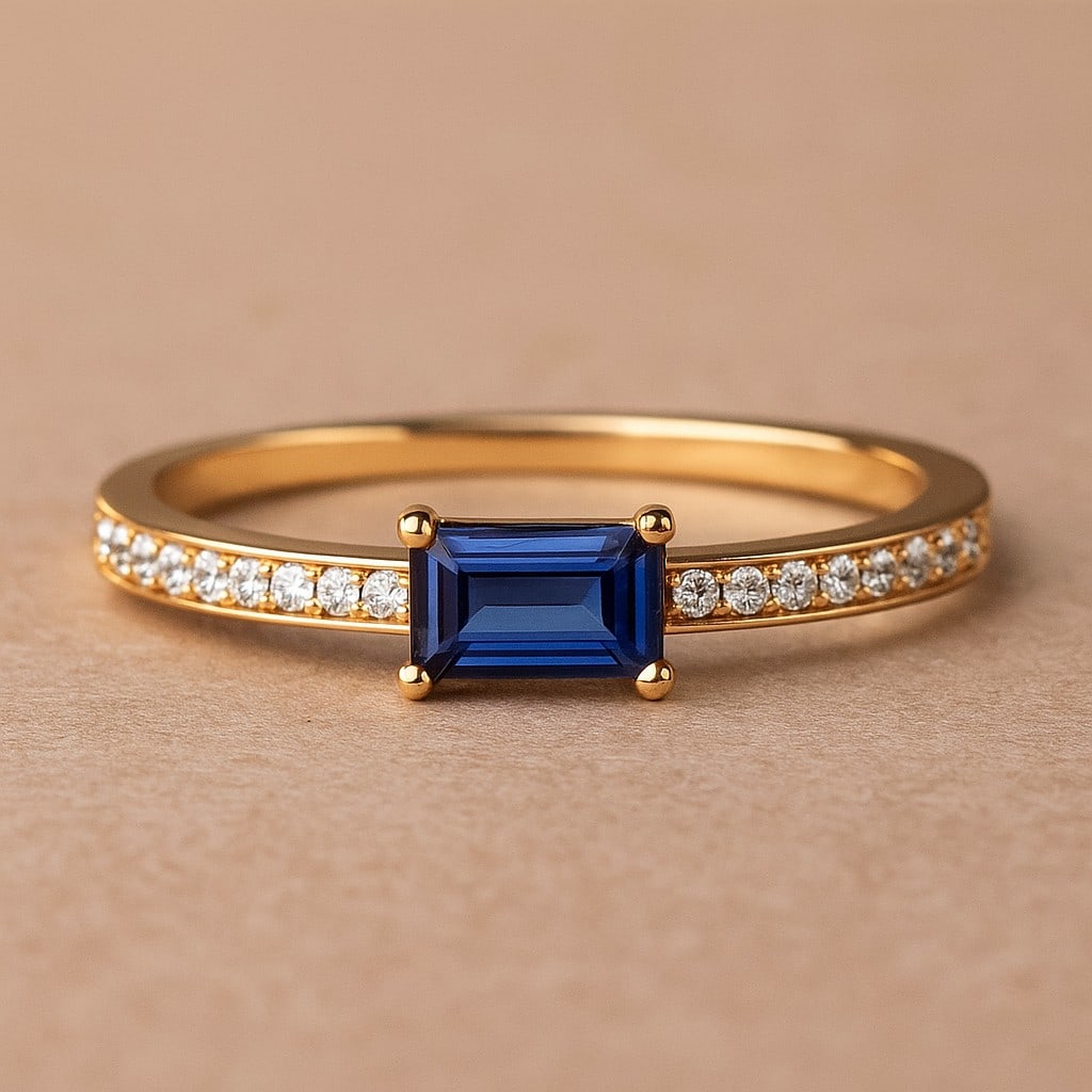 The Aurelia Ring: Emerald-Cut Tanzanite with Diamond Pavé in 14k Gold: Title: The Aurelia Ring: Emerald-Cut Tanzanite with Diamond Pavé in 14k Gold Description: The Aurelia Ring: Emerald-Cut Tanzanite with Diamond Pavé in 14k Gold Jewelry Type : Ring Gemstone :