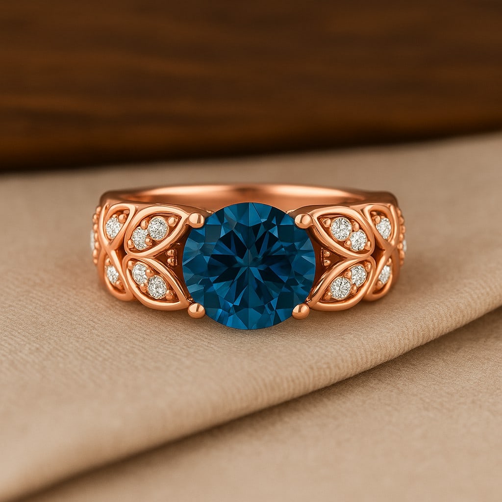 Velvet Majesty – London Blue Topaz & Diamond Petal Ring in 14K Rose Gold (1 of 6)