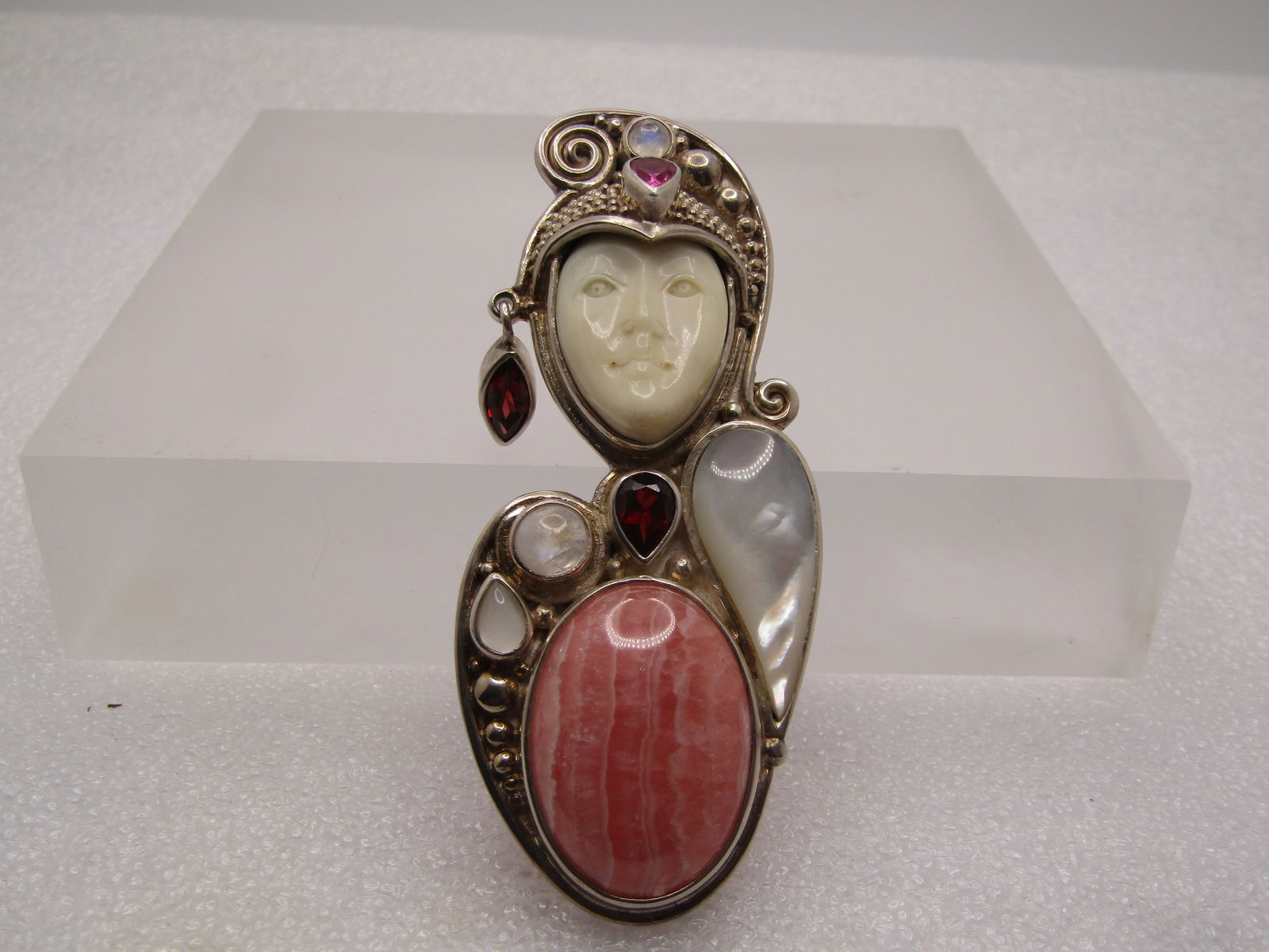 Sterling Silver Moonface Pendant Brooch, MOP, Rhodocroisite, Moonstone, Garnet, 1980's-1990's (1 of 6)
