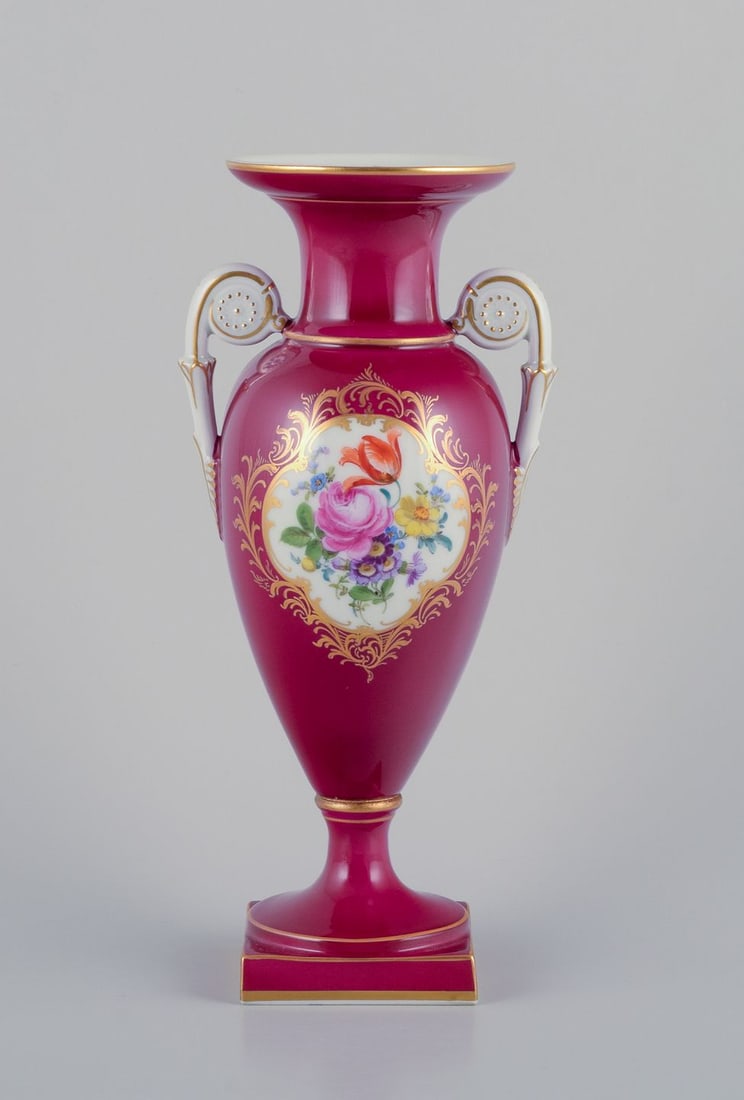 Meissen, porcelain vase, amphora shape with two handles. Burgundy decoration.: Meissen, porcelain vase, amphora shape with two handles. Burgundy decoration. Polychrome flower motifs. Hand-painted. Gold decoration. Overglaze. Mid-20th century. Marked. First factory quality. Perfe