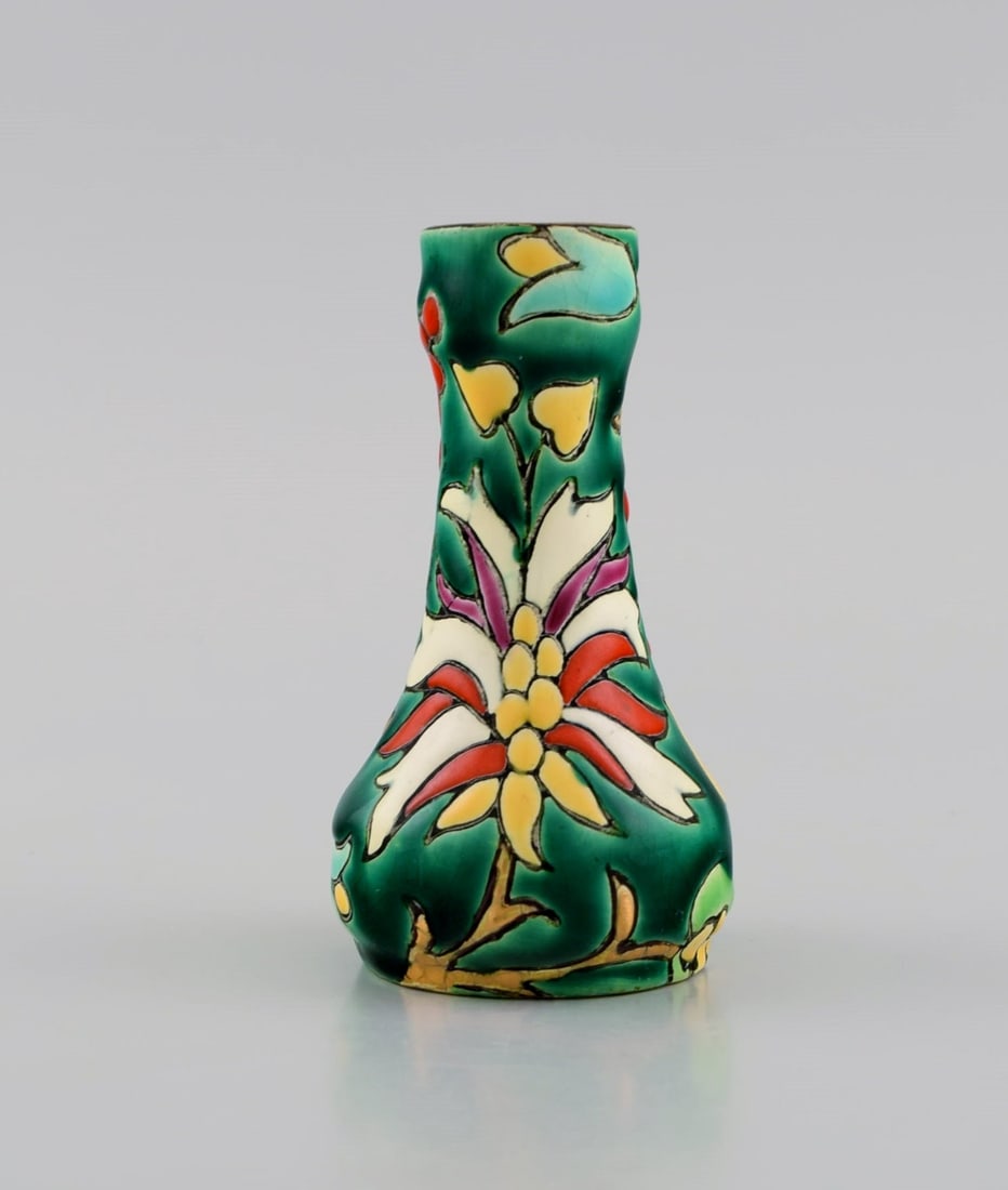 Longwy, France. Art deco vase in glazed stoneware with hand-painted flowers on a green background. (1 of 6)