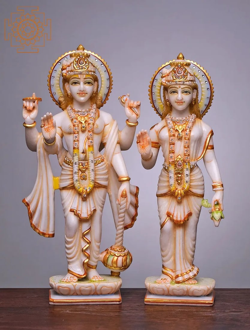 15" Lord Bhagwan Vishnu and Lakshmi Statue | Handmade | White Marble Vishnu and Lakshmi Statue | (1 of 1)