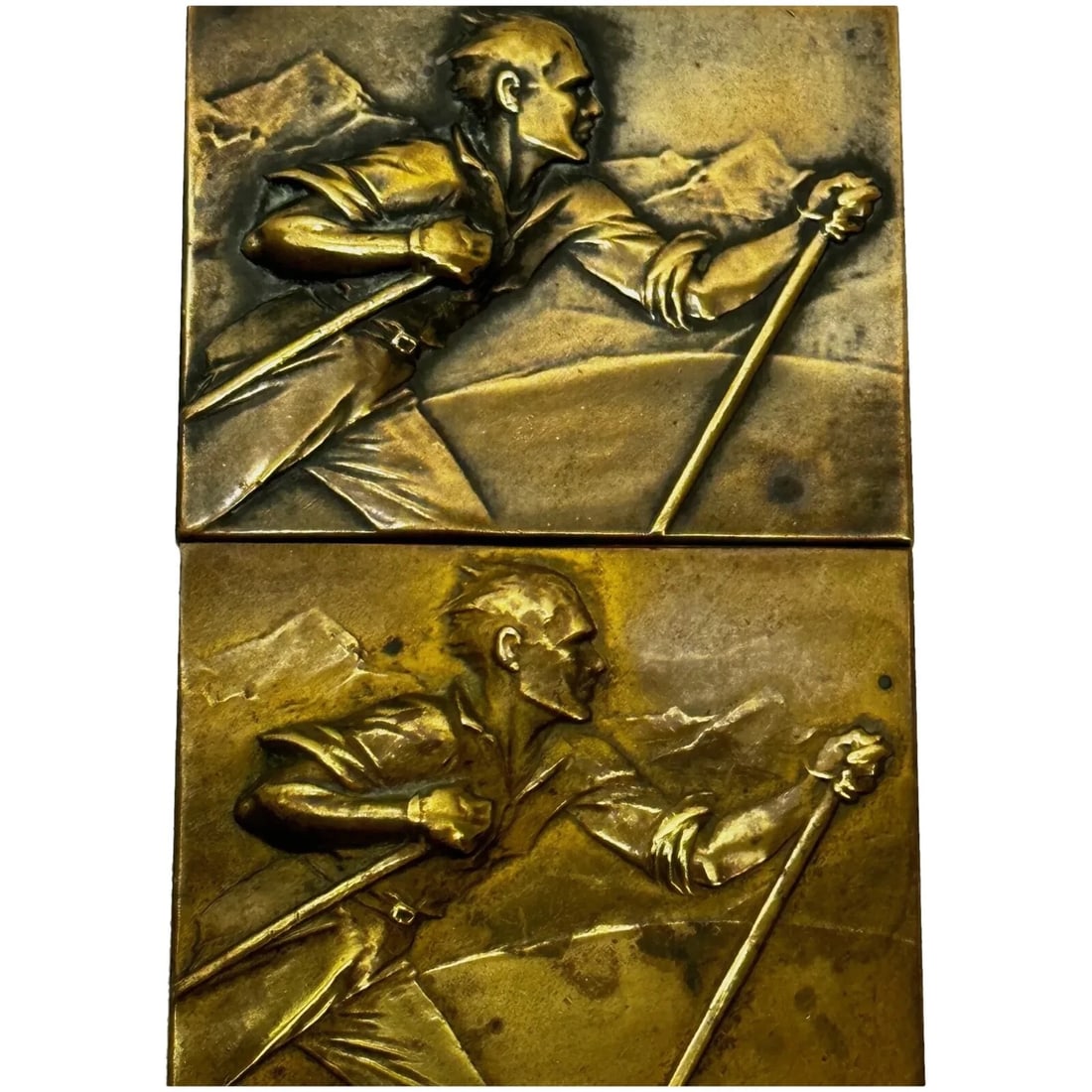 Pair Austrian Art Deco Bronze Award Medal Medallions Skiing Winner & Runner Up: Pair Austrian Art Deco Bronze Medal Medallions Skiing Winner & Runner Up Pair Collectible Austrian Small Original Art Deco Bronze Skiing Medal Award Medallions Winner & Runner Up First & Second Place.