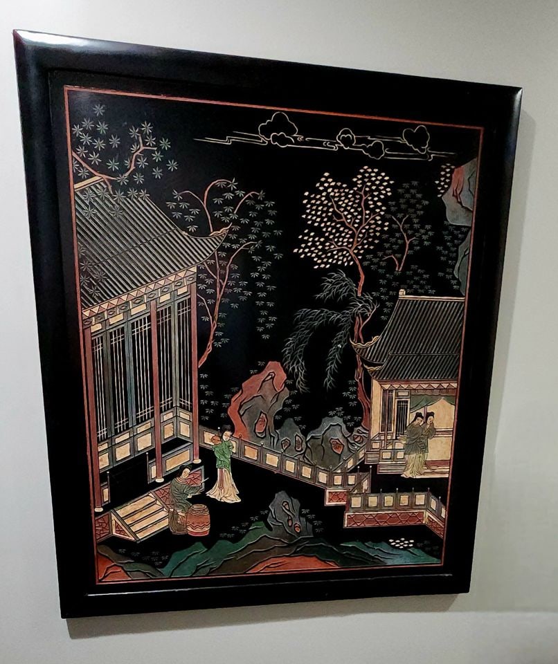 If you love Asian art... Large Vintage Japanese etched painting of garden and figures on wood.: If you love Asian art... Large Vintage Japanese etched painting of garden and figures on wood. Reserve: $50.00 Shipping: Domestic: Shipping rates are determined by destination International: Foreign s